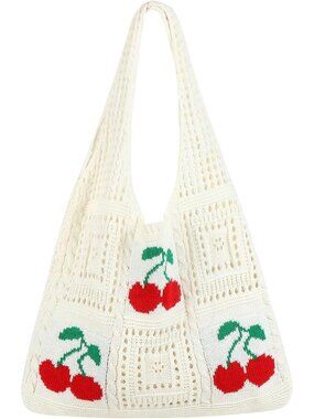 Women's Beige Aesthetic Crochet Mesh Beach Tote Bag Summer Vacation Knitted Bag